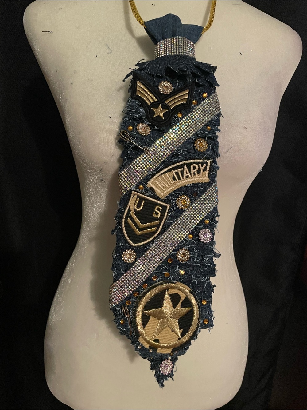 Military Embellished Hair Tie Accent in Black and Gold